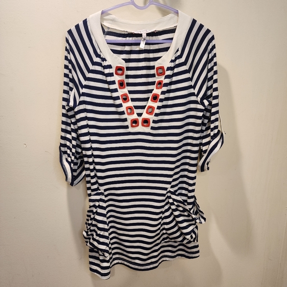 NANETTE LEPORE BLue and Ivory Stripes Roll up Sleeves Swim Cover up size S